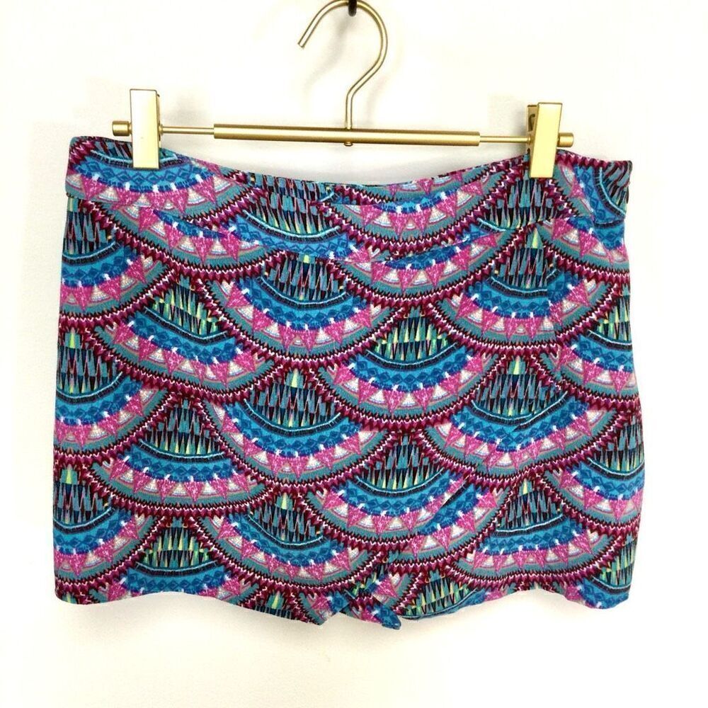 Pink Republic Womens Blue Pink Geometric Print scalloped Side Zip Skort Skirt Si